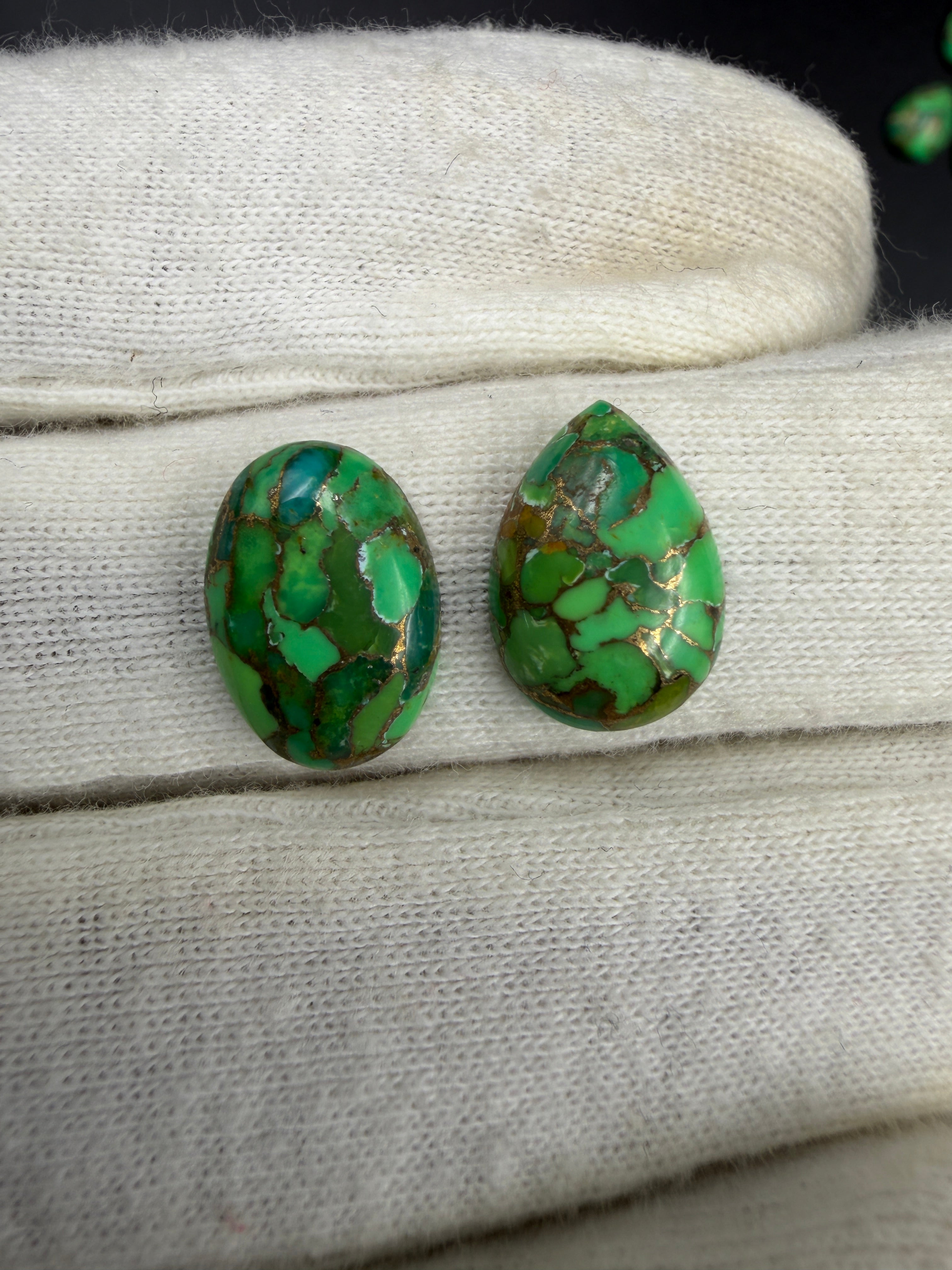 Irish Dahlia Green copper turquoise shapes